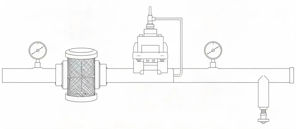 Schematic of a pressure reducing valve station with strainer, gauges and sensing line