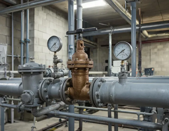 Water pressure reducing valve with gauges on a plant header